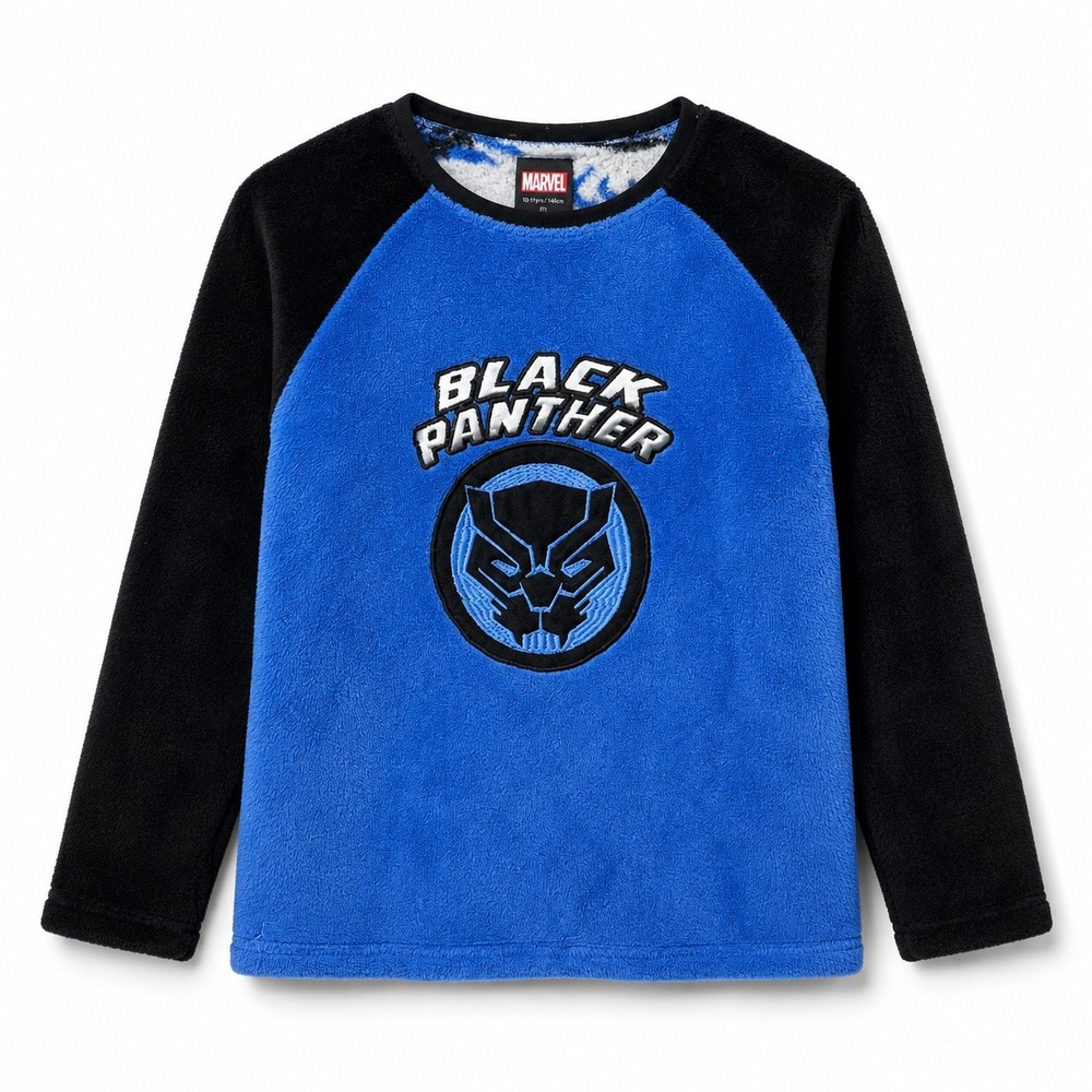 Marvel Black Panther Boys Fleece Pajama Top Blue Black Raglan Size 10-11 146cm